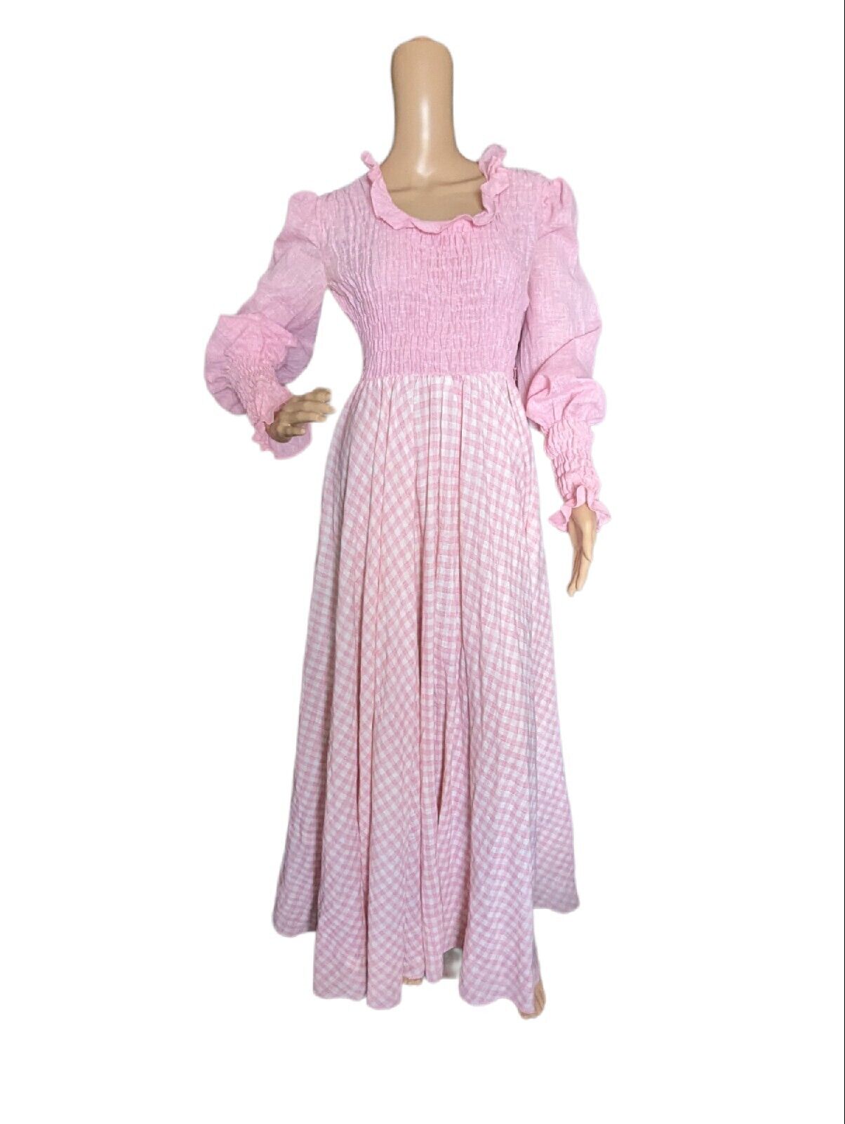 Vintage 70s Pink Gingham Check Country Westen Cottagecore Prairie Party Dress