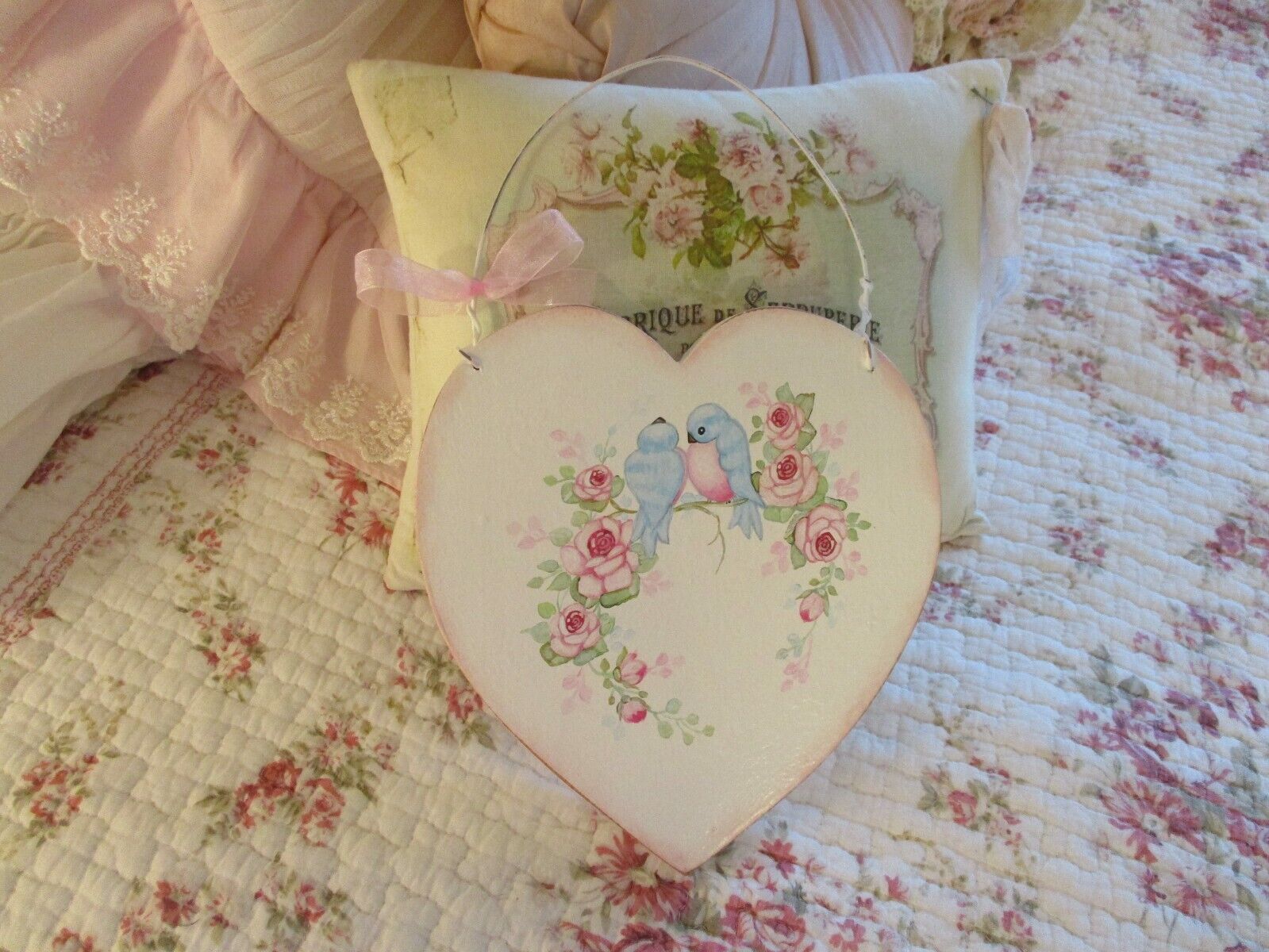 Shabby Chic Hand Painted Roses - Vintage Wood Heart