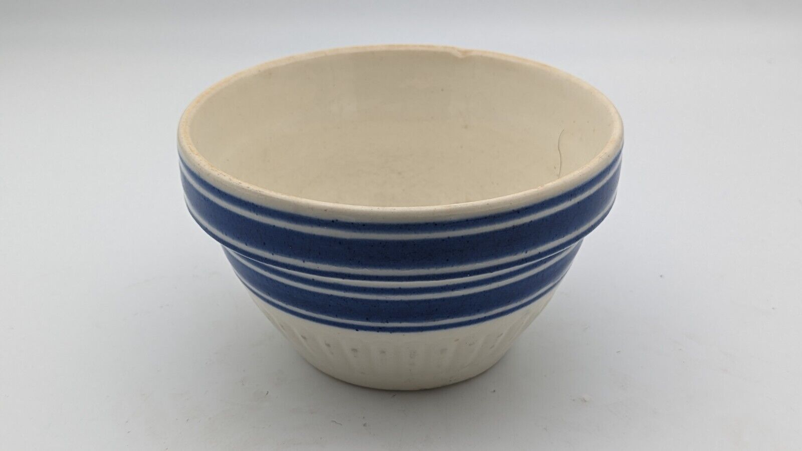 Antique Primitive Stoneware Crock Mixing Bowl Blue Bands & Ribbed Old Vintage