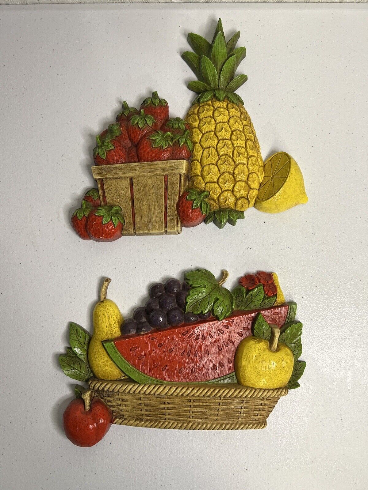 Vintage HOMCO 1975 Fruit basket wall hanging set strawberries pineapple