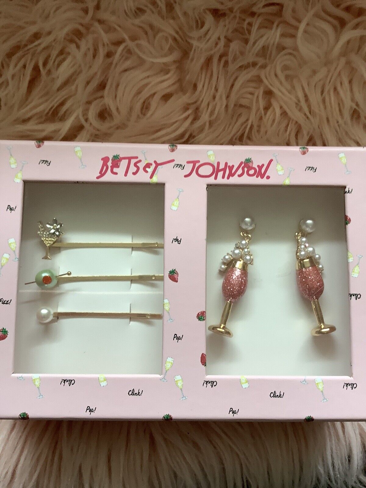 New Betsey Johnson Tone Pink Glitter Champagne Drop Earrings Set 💗