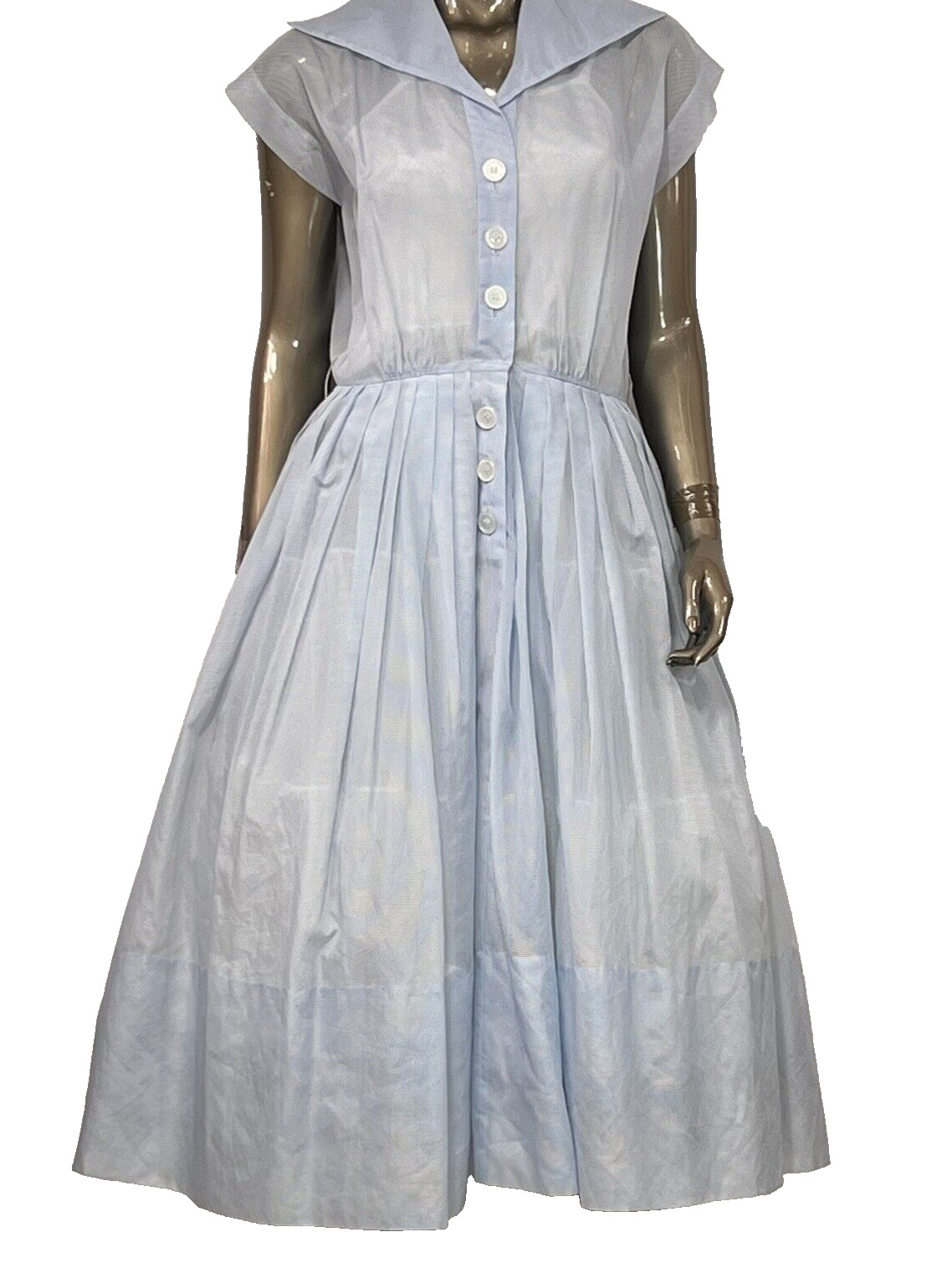 Vintage 1940\'s SWING Dress R&K Originals Large Blue Sheer Peter Pan Collar
