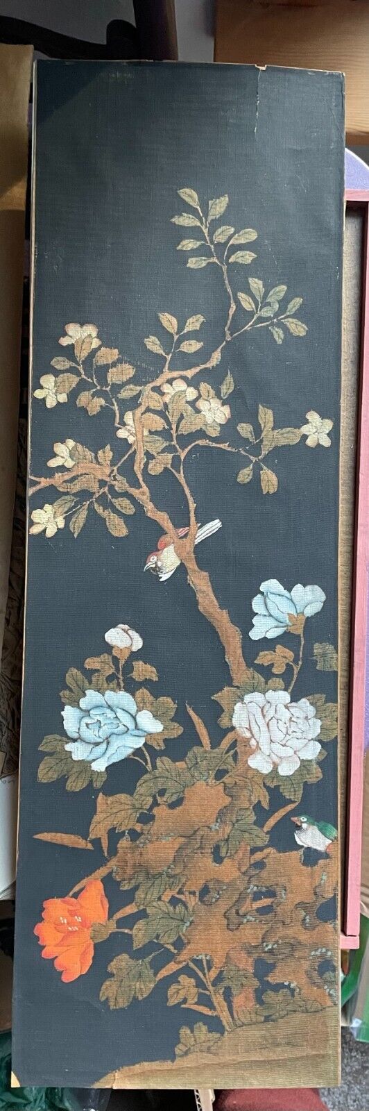 Antique, Early 20th century, Asian painting, birds and floral design,  21 x 7 in