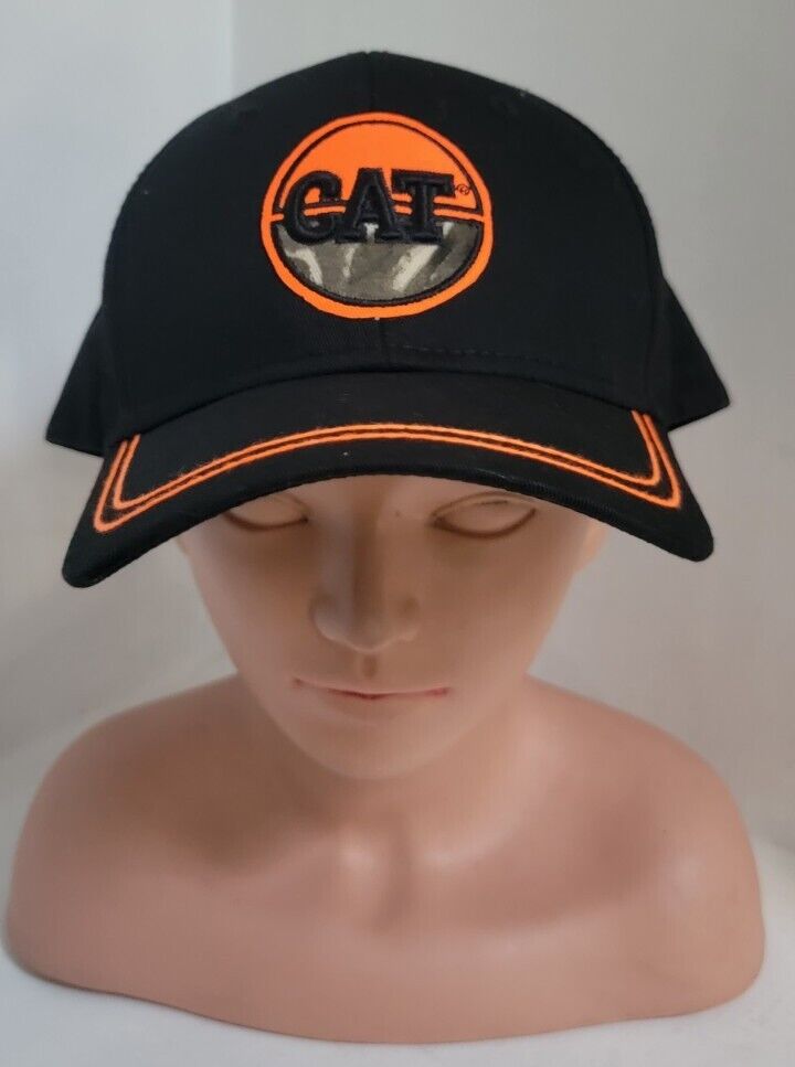 Caterpiller CAT Hat Adjustable Black Orange Camo Logo Norscot Hook And Loop Back