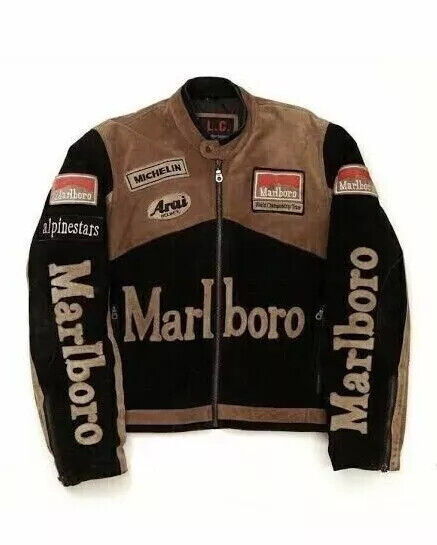 Men\'s Marlboro Leather Jacket Vintage Racing Biker Motorcycle Men Leather Jacket