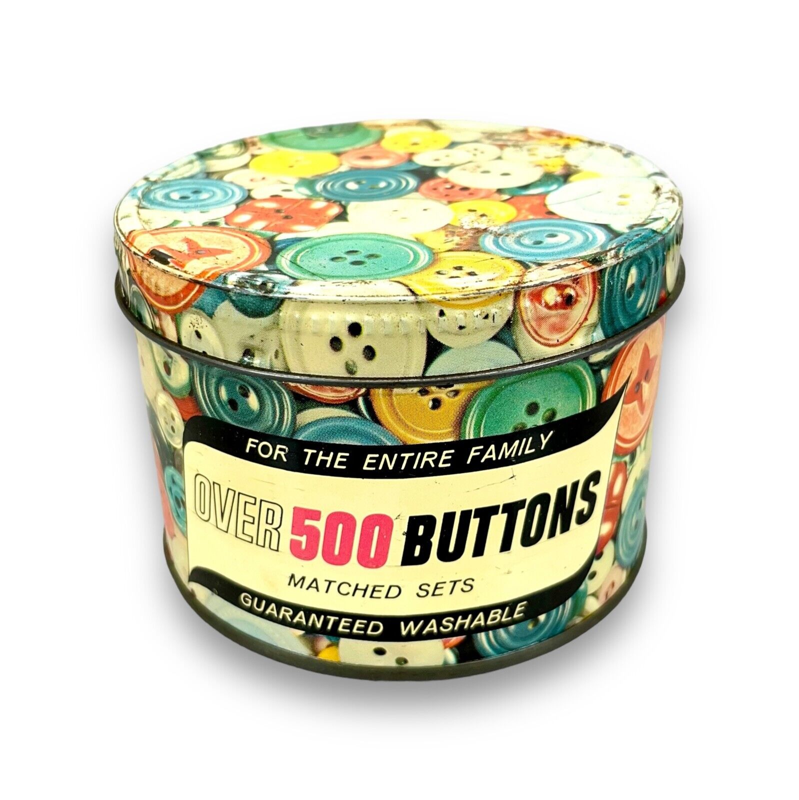 Vintage Button Tin Over 500 Buttons Colorful Litho Trinket Stash Sewing Box