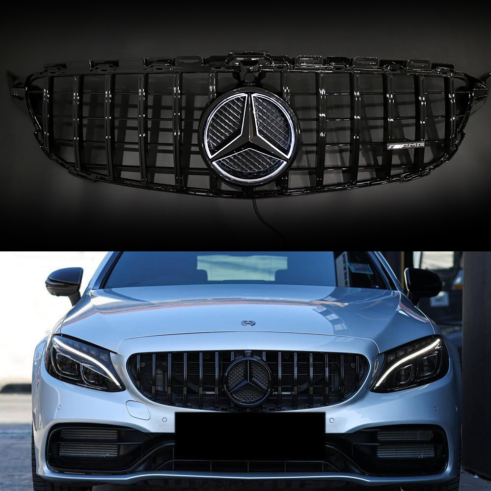 Gloss Black  Front Grille For Mercedes Benz W205 C-Class 2015-2018 W/LED Star