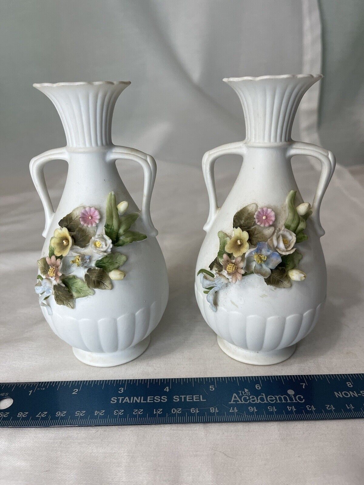 2 VTG Andrea Vases W/Flowers Bisque ware Chipped RARE 6728 Japan Hand Painted