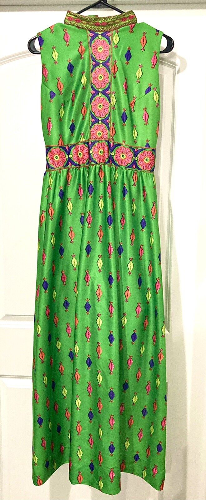 Vintage 70\'s Italian Designer Emilio Borghese Boho Maxi Dress Sz M Green Pink