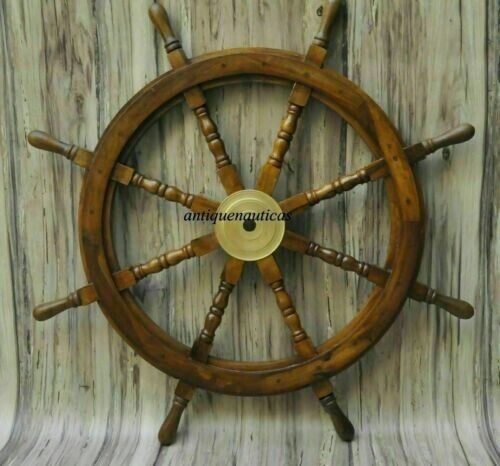 Vintage 36 Inch Big Ship Steering Wheel Wooden Teak Brass Nautical Pirate Ship's