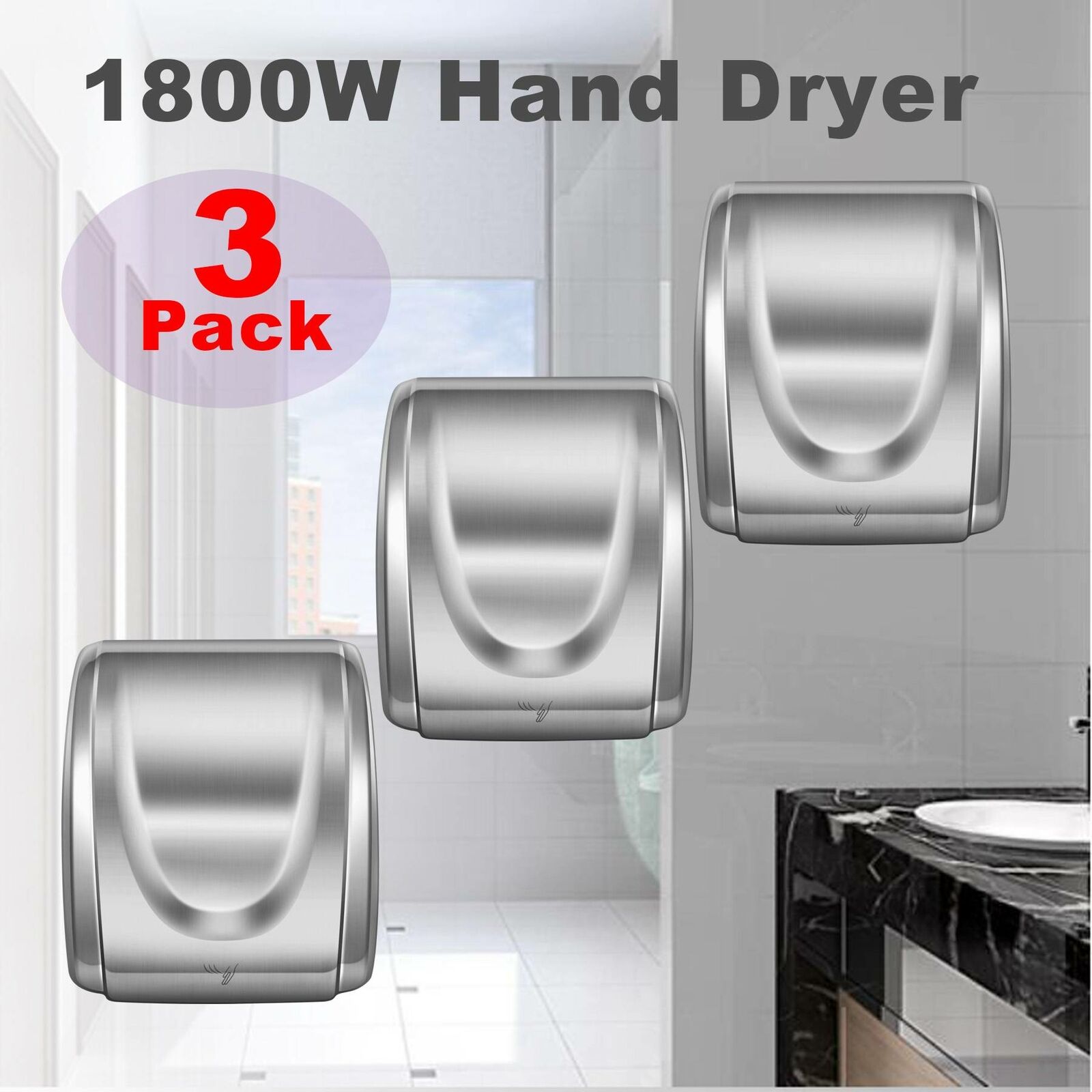 3Pcs 1800W Electric Stainless Steel Hand Dryer Commercial and Household Use