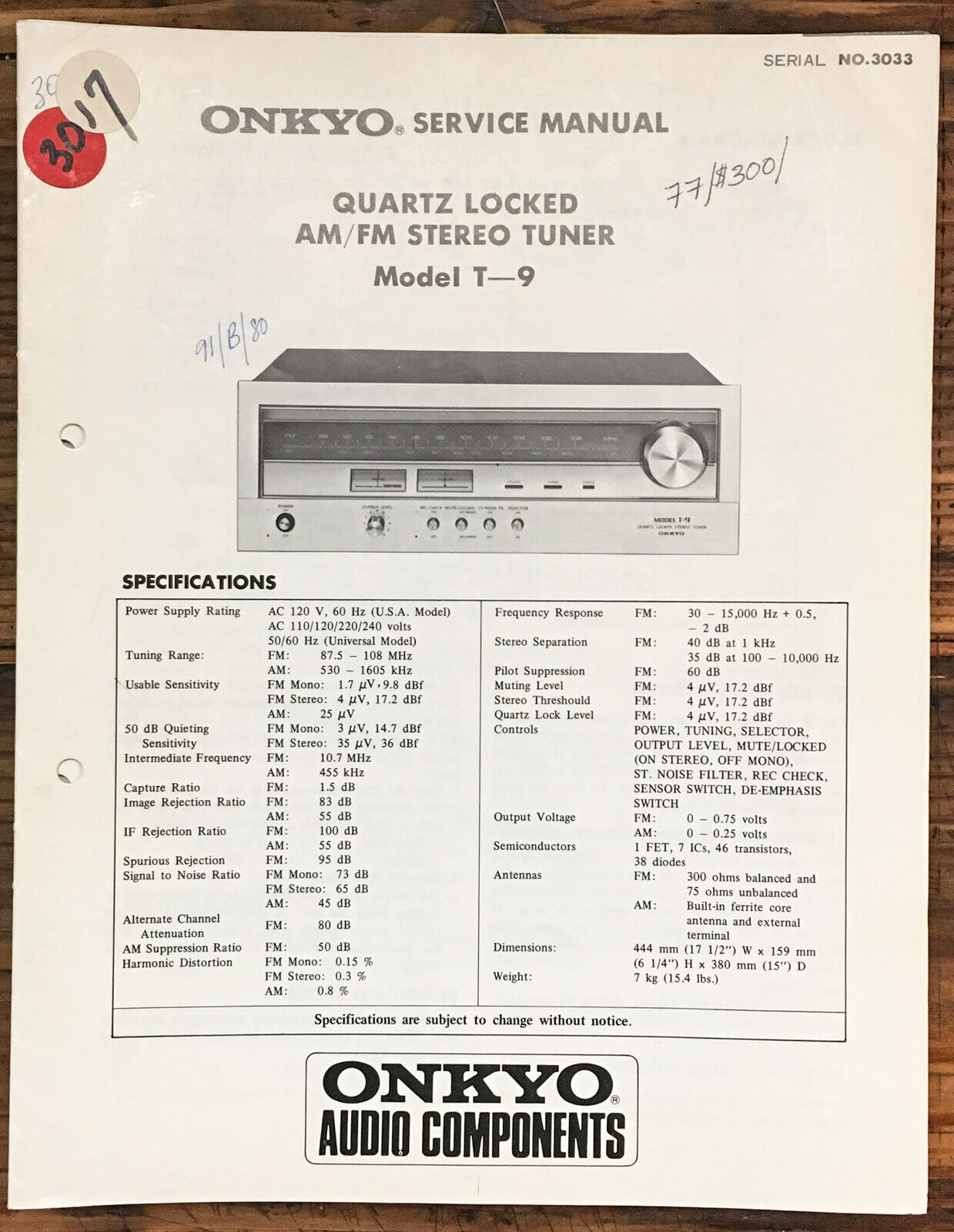 Onkyo T-9 Tuner  Service Manual *Original*