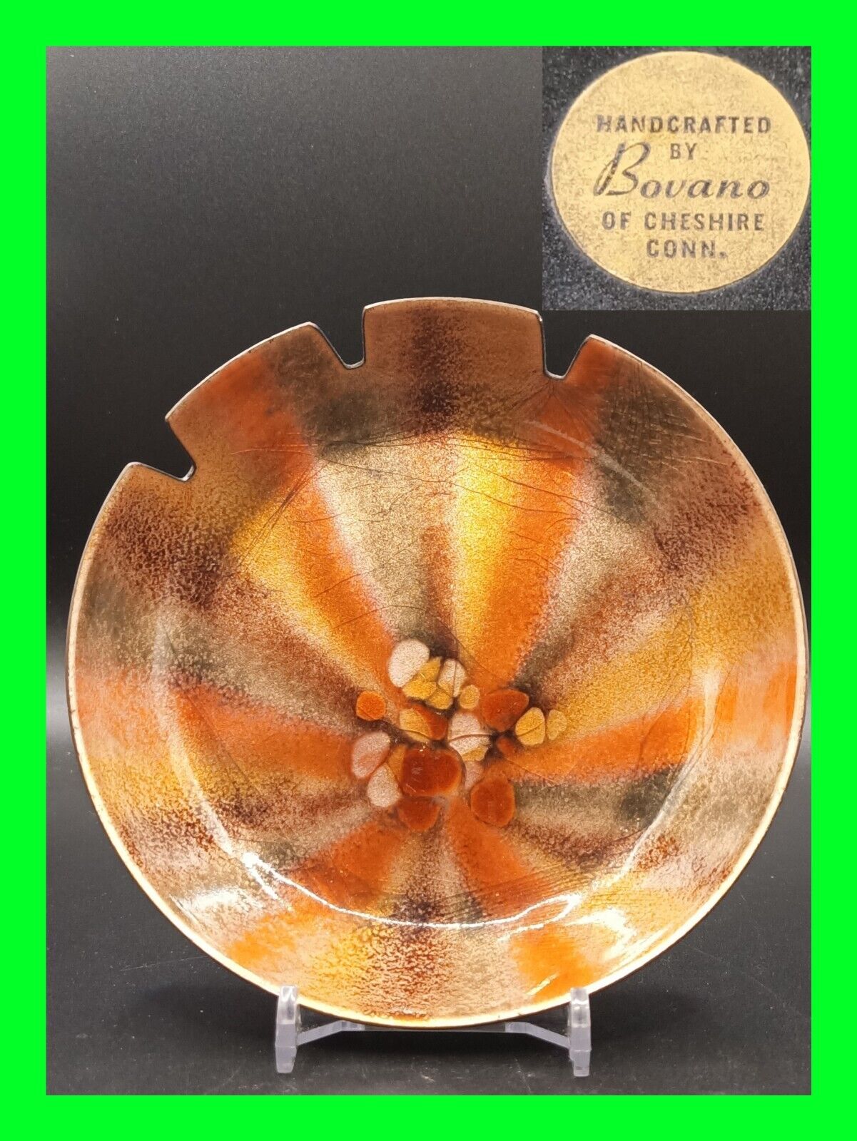 Unique Vintage Orange Sunburst Enamel On Copper Handcrafted Bovano Retro Ashtray