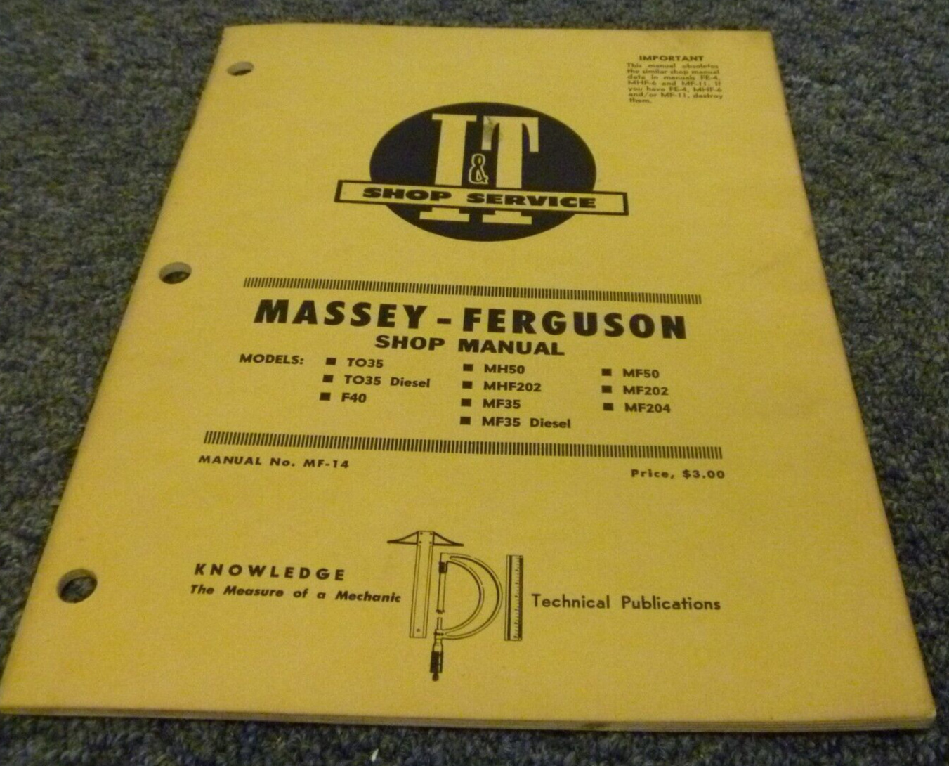 I&T Massey Ferguson MF35 MF50 MF202 MF204 Tractor Service Repair Manual MF-14