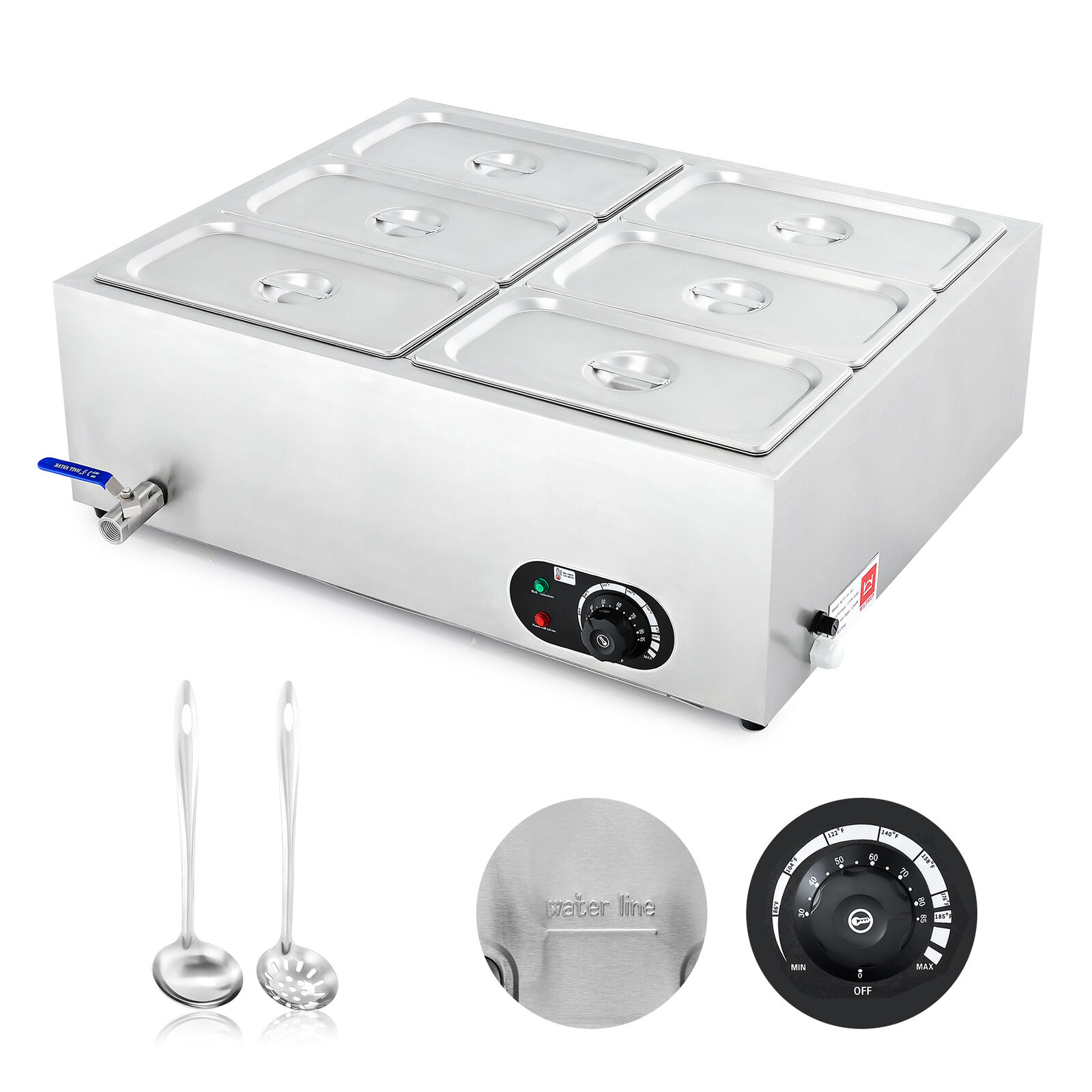 39Q 6-Pan Commercial Food Warmer 1200W Bain Marie Steam Table Countertop Station