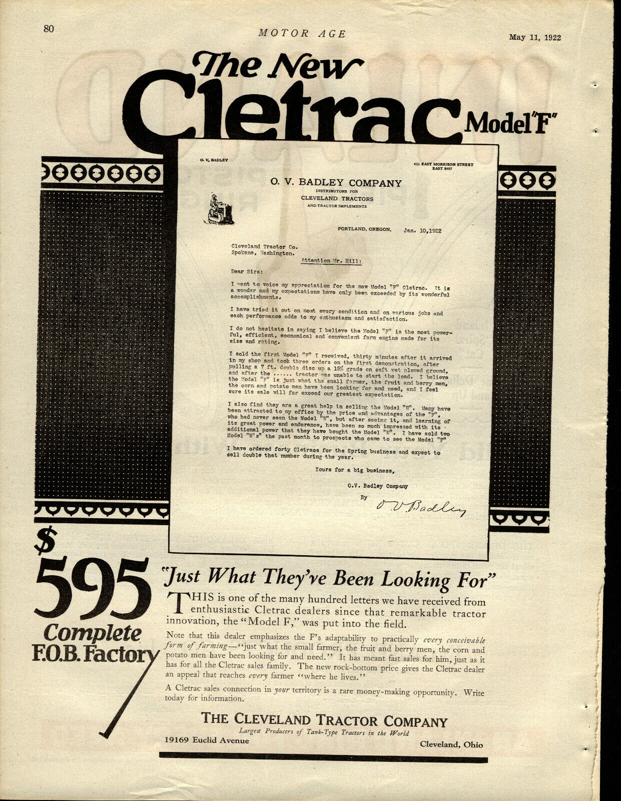 1917 Cleveland Tractors Advertisement: Cletrac - Model F -  Portland Distributor
