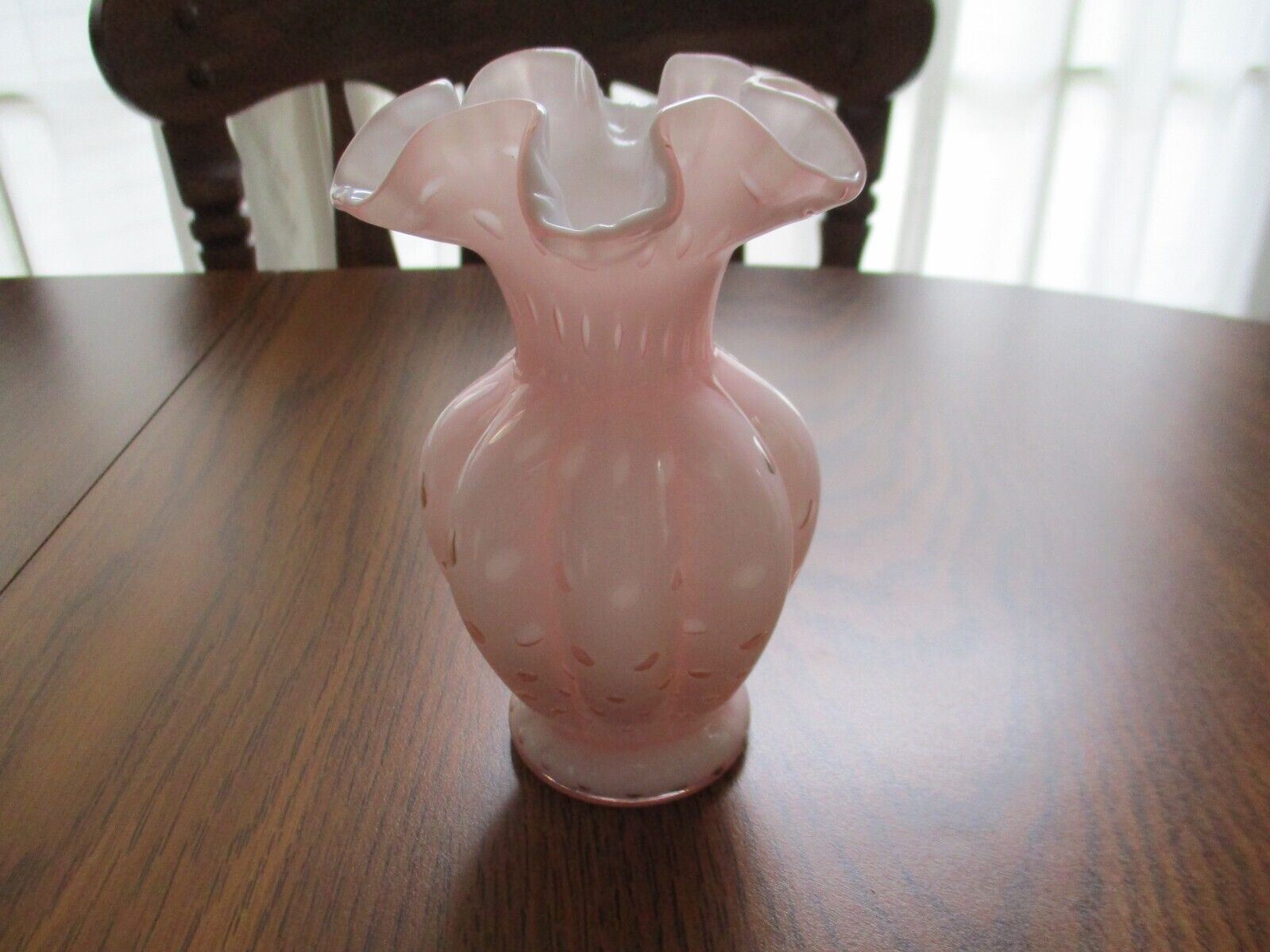 Fenton pink ruffled vase Very Nice Marked Fenton on bottom.