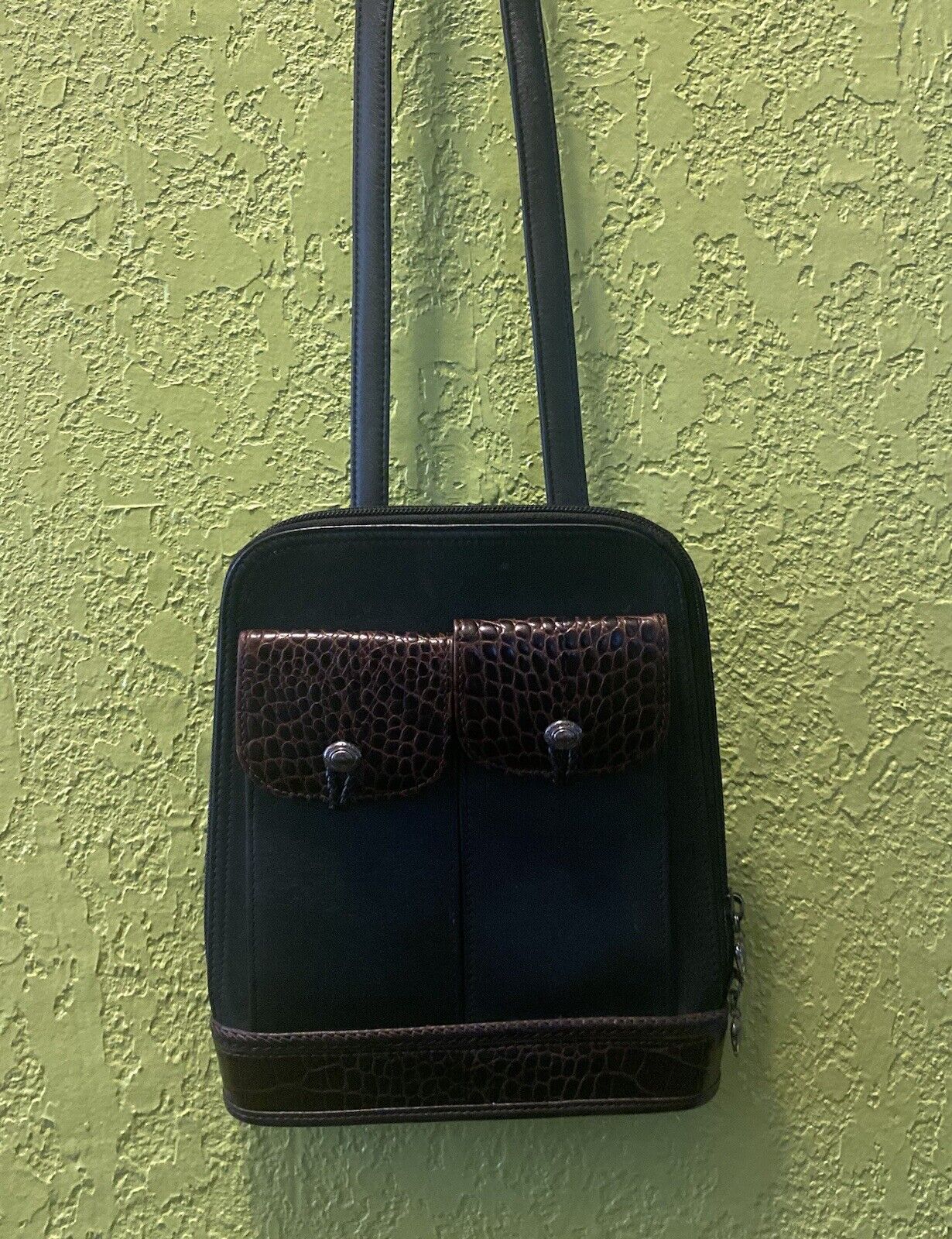 Cute Vintage Blk Leather w/ Brown Croc Trim  BRIGHTON Shoulder/Crossbody Bag GUC