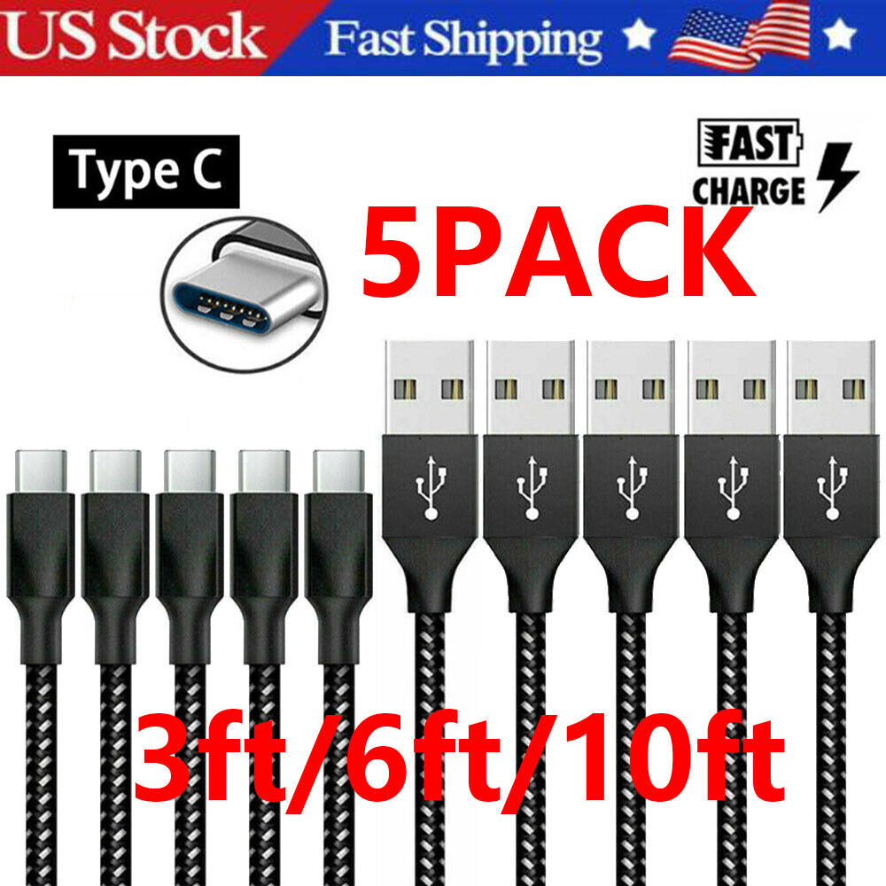 5Pack Braided USB C Type-C Fast Charging Data SYNC Charger Cable Cord 3/6/10FT