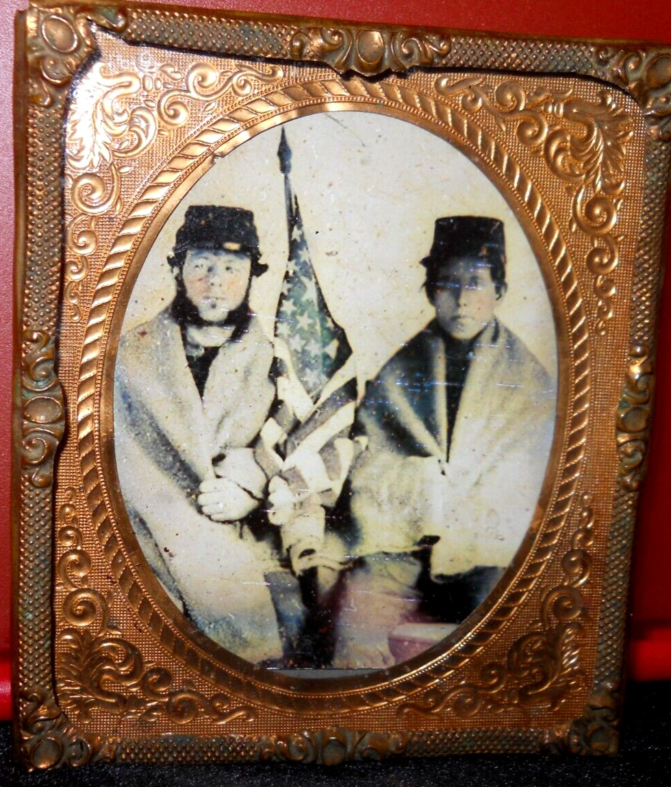 Reproduction 1/6th Size faux Tintype of soldiers in brass mat/frame