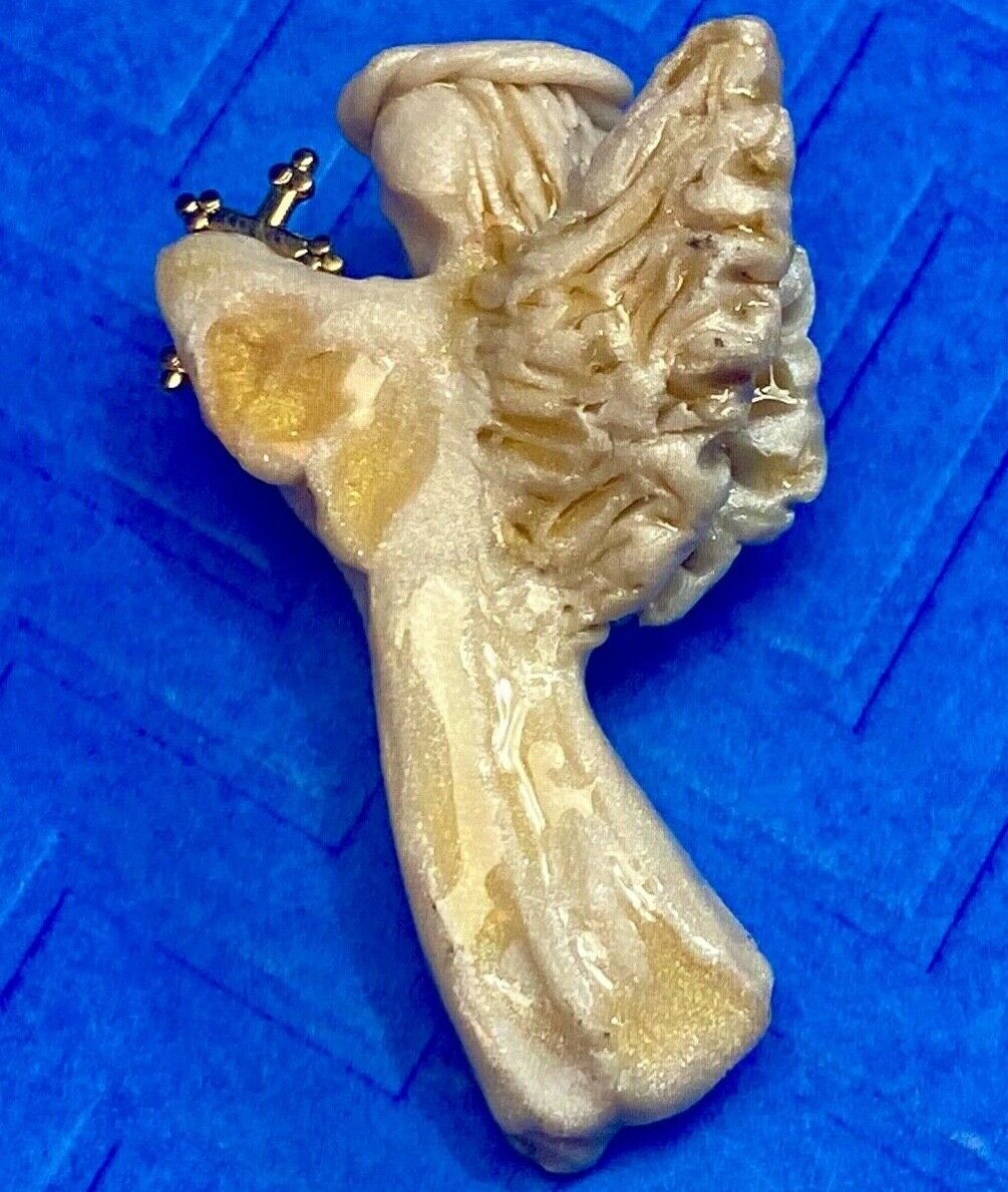 Vintage Artisan Angel & Cross Brooch Pin Hand Carved Gold Tone Crucifix Signed