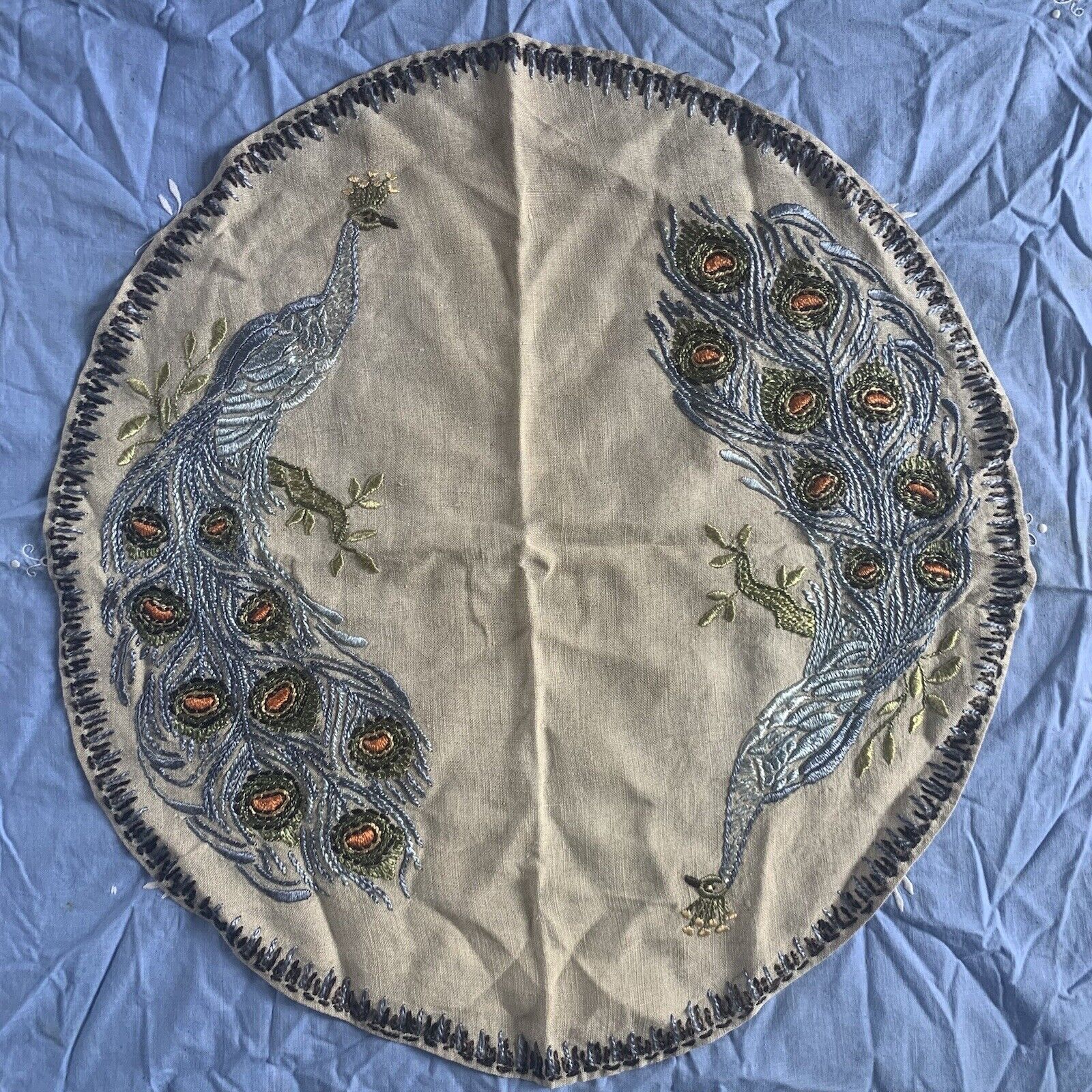 Vintage Heavily Embroidered Peacock Linen Raime Decor Piece