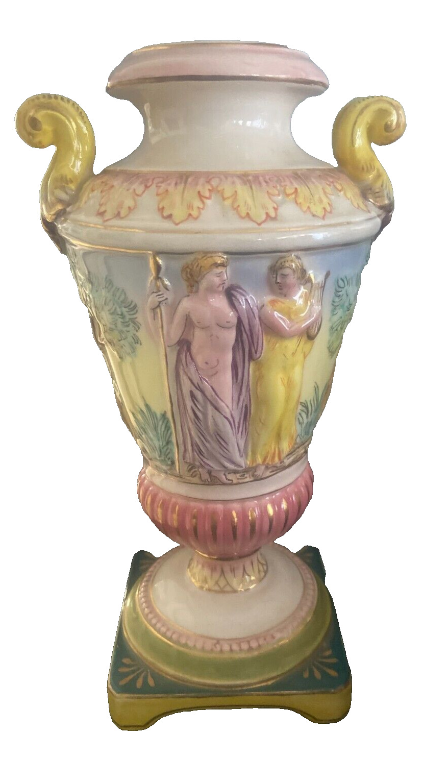 Italian Capodimonte Double Handle Urn Vase w/Putti Ardalt-artist Signed-PASTEL