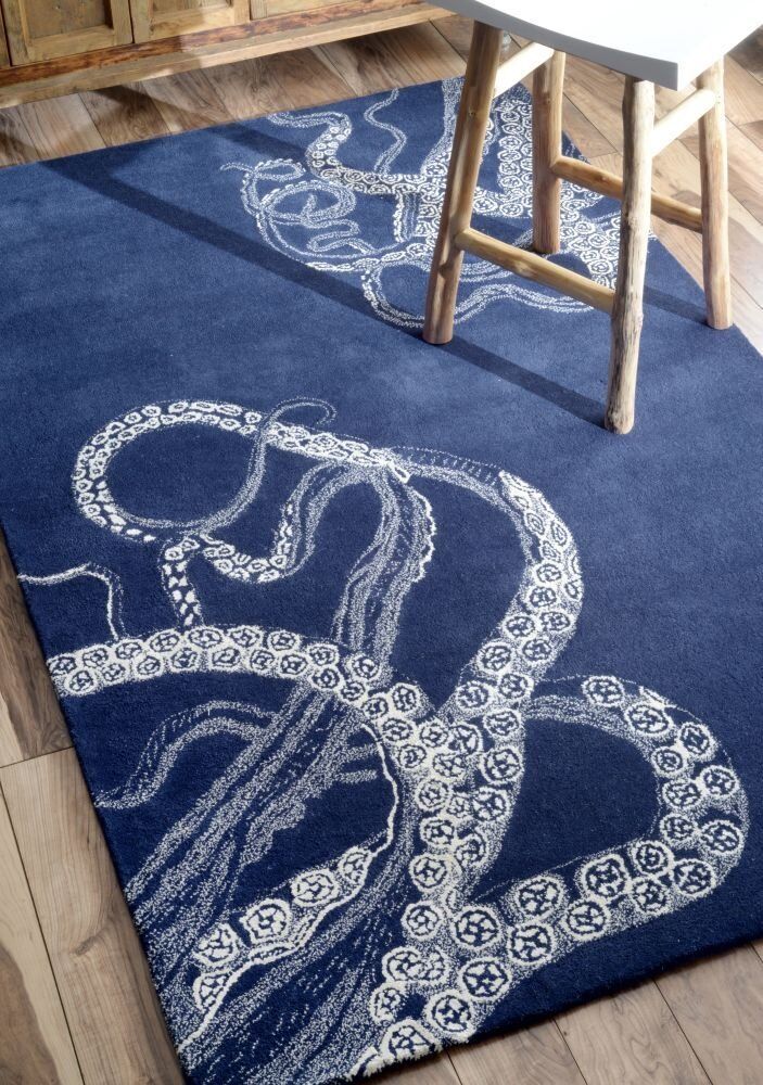 Rug USA Navy Blue 8\'x10\' ft Octopus Handmade Tufted 100% Wool Area Rugs & Carpet