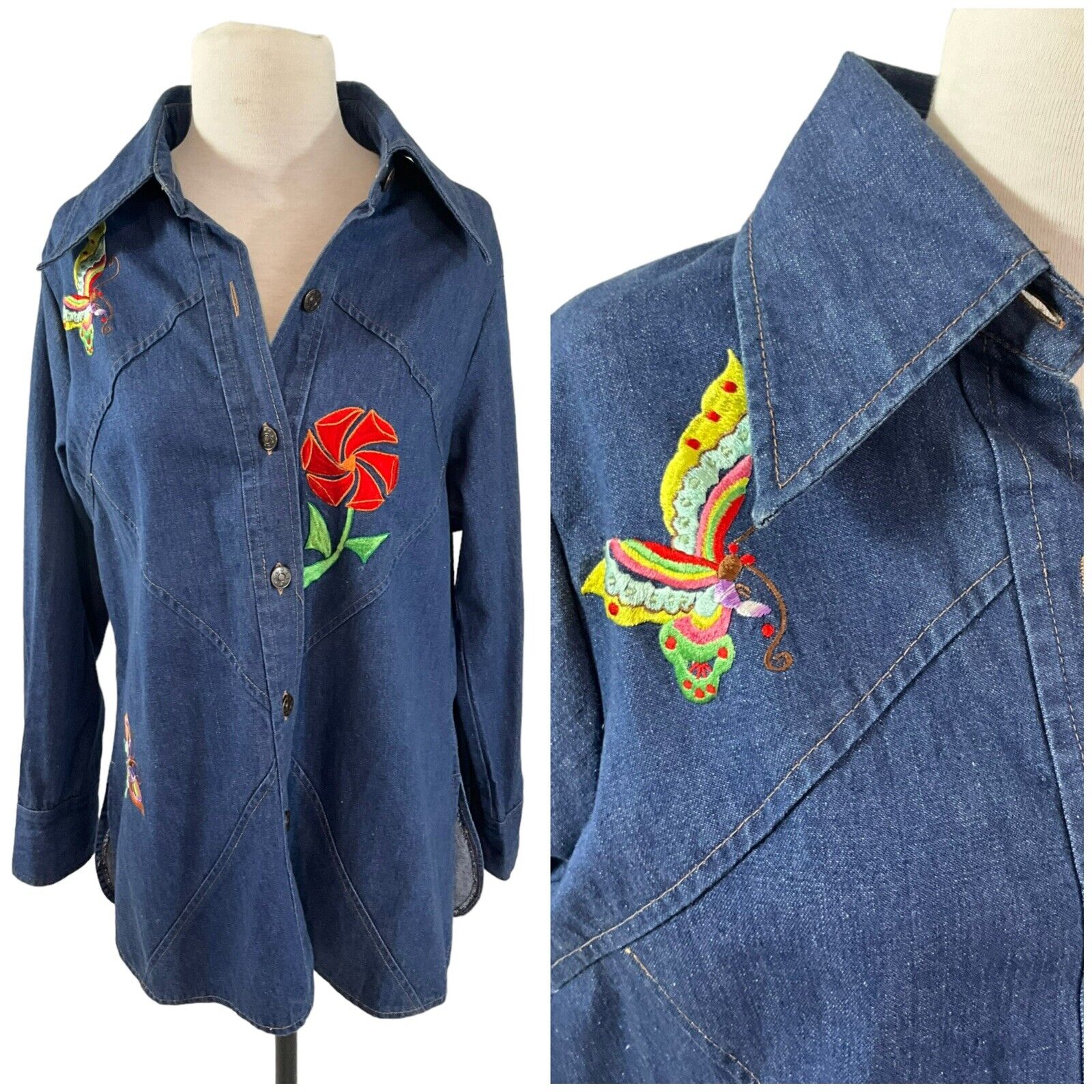 Vintage 80s Denim Shacket Shirt Jacket Embroidered Floral Butterfly Hippy Top ML
