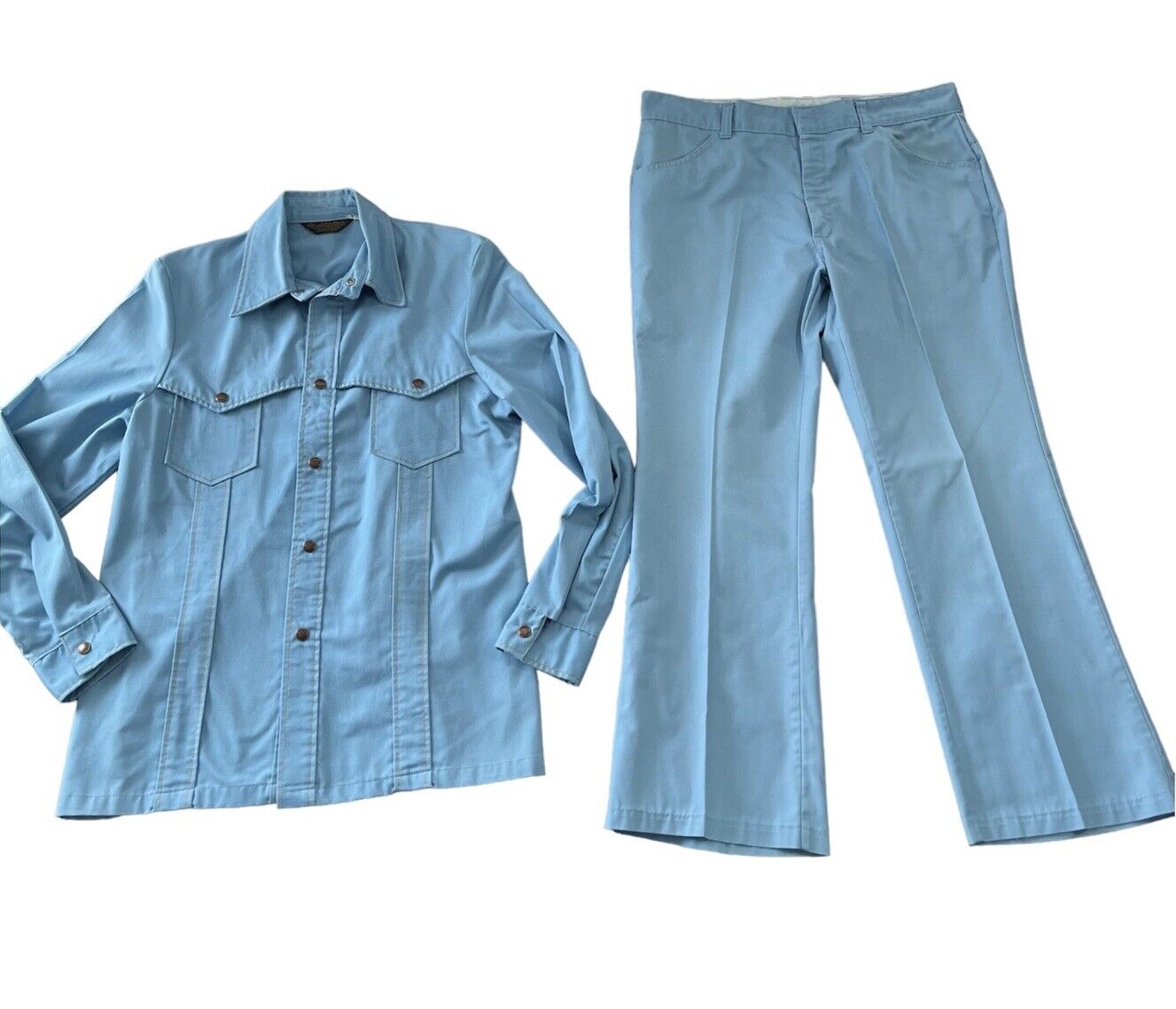 John Blair 1970s Vintage Western Suit Baby Blue Button Shirt & Pants Sz Large ?