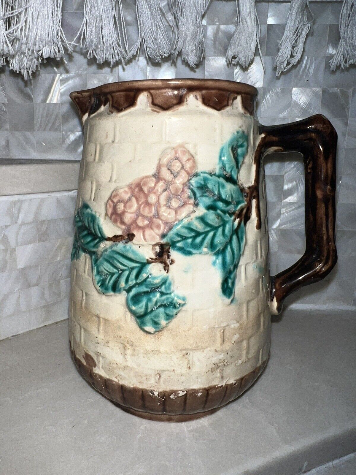 Antique Majolica Jug Or Small Pitcher Creamer Basket Weave Apple Blossoms French