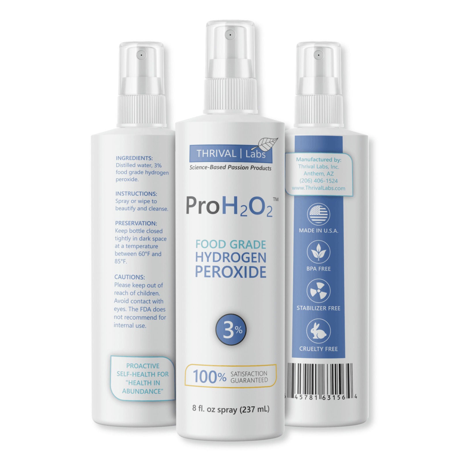 ProH2O2 Food Grade Hydrogen Peroxide 3%, 8oz Spray Bottle by Thrival Labs