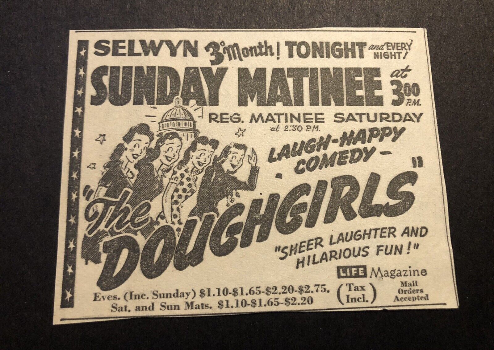 1950’s Chicago Selwyn Theatre Comedy Show “The Doughgirls” Newspaper Ad