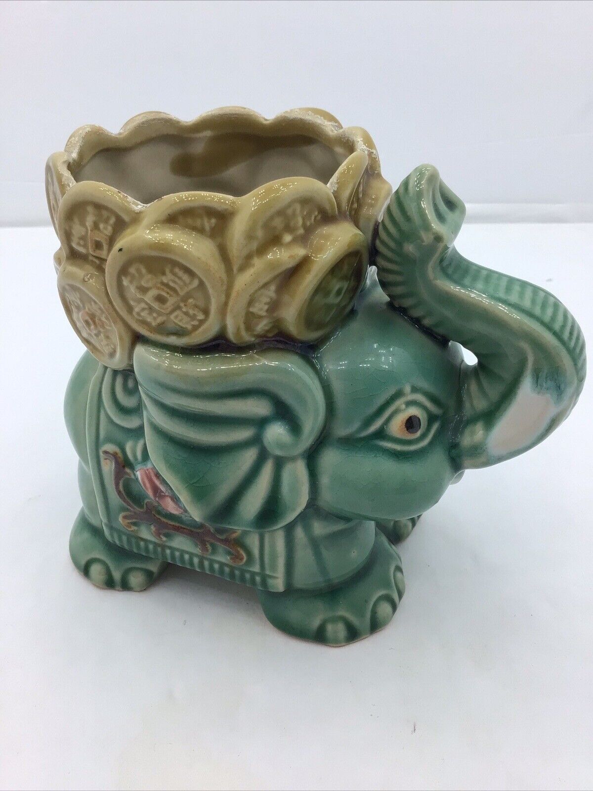 Vintage Majolica Elephant Planter  Lucky Coin Basket 4 Inches