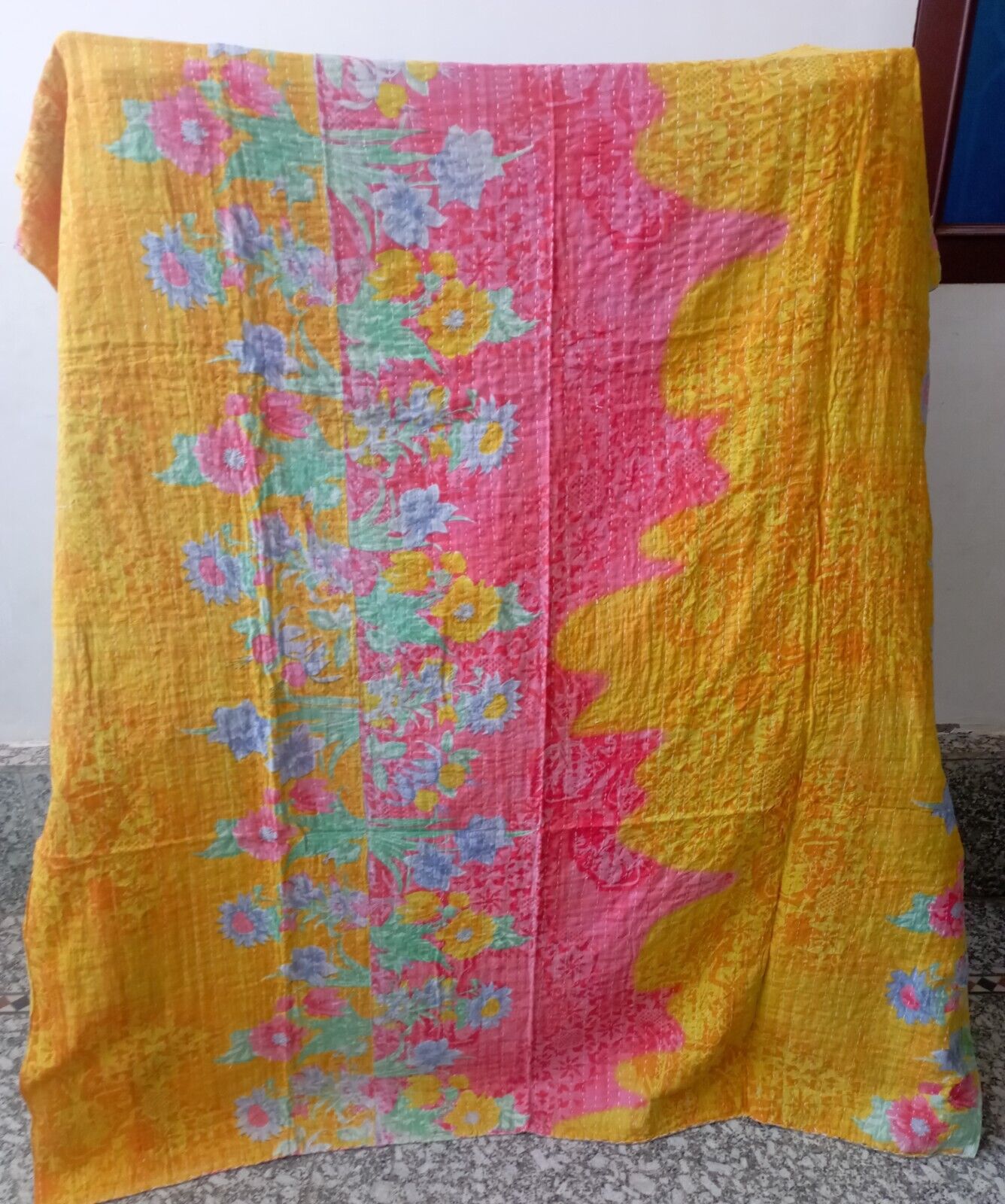 Vintage Indien Handmade Quilt Kantha Bedspread Throw Cotton Blanket Ralli Gudari