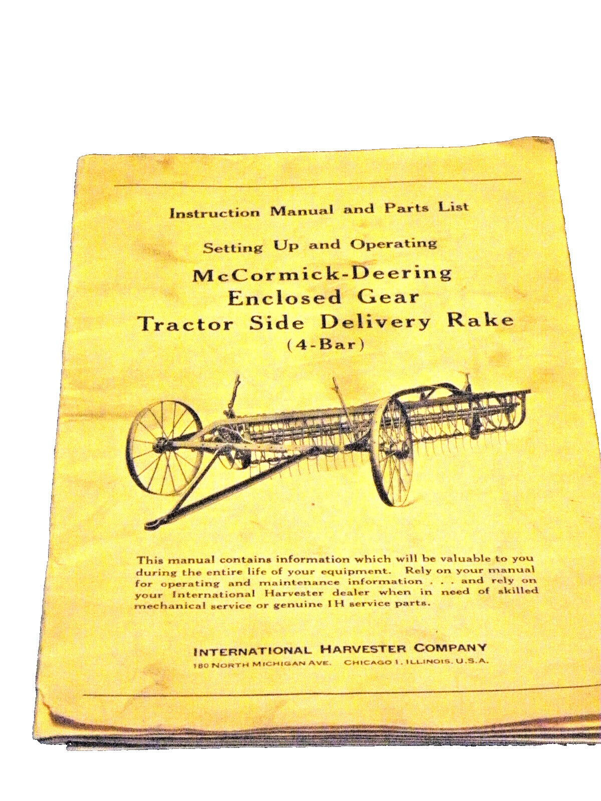 Vntg 1948 McCormic Deering Enclosed Gear Tractor Side 4 Bar Delivery Rake Manual