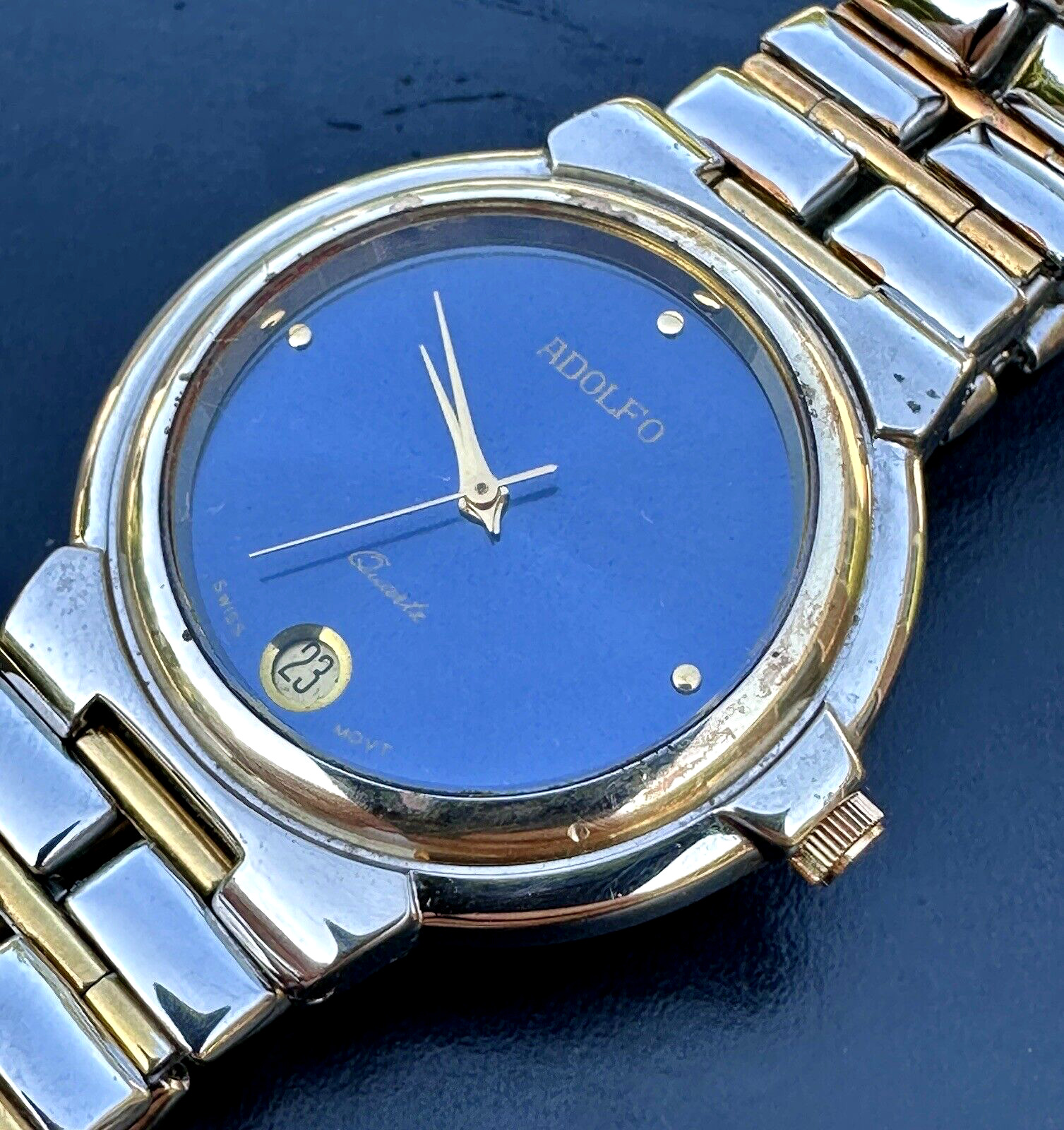 RETRO 80s Adolfo BLUE Dial Date at 6 Round Gold Tone/SS Case Watch NOS