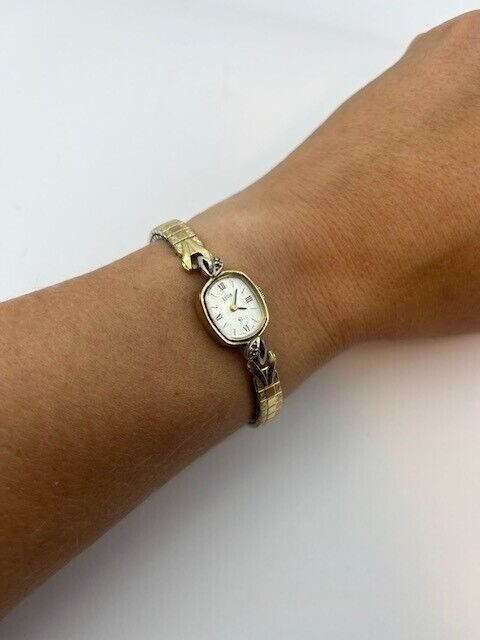 Vintage 1950s 1960s Elgin watch w diamonds for small wrists, gold stretchy band