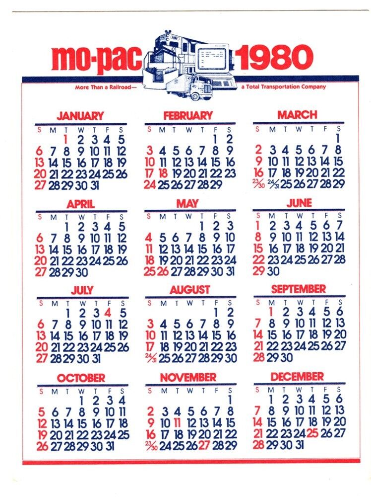Railroad Train Souvenir Item - 1980 Mo-Pac Calendar 