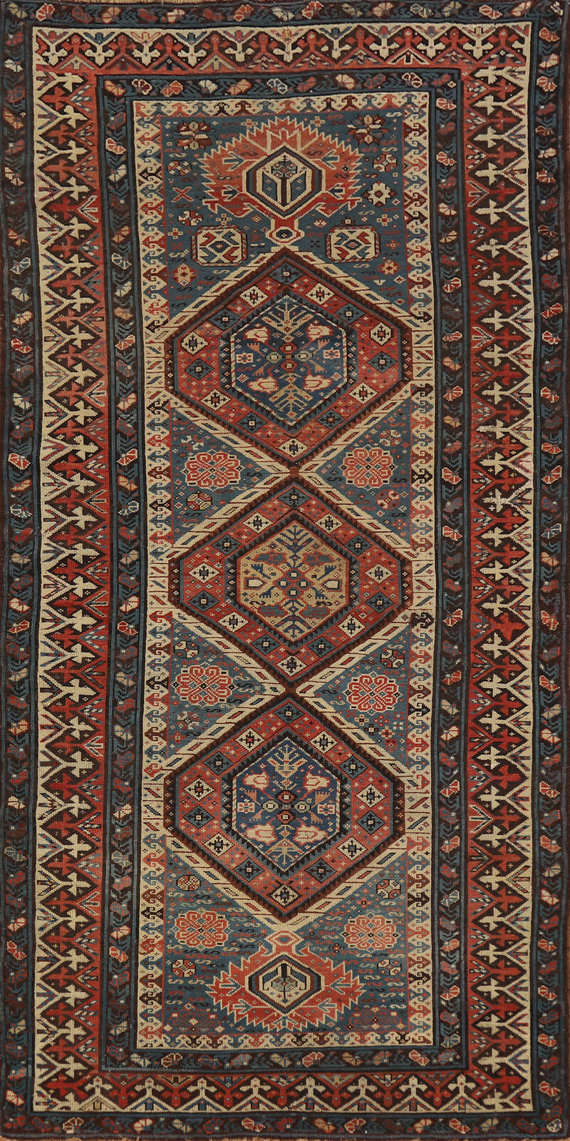 Pre-1900 Antique Vegetable Dye Russian Kazak Area Rug Handmade Wool Carpet 4x8