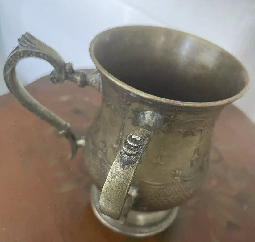 Antique Double Handle Wash Cup Brass (?) Metal Heavy Hand Wash Mug Multiple Dent