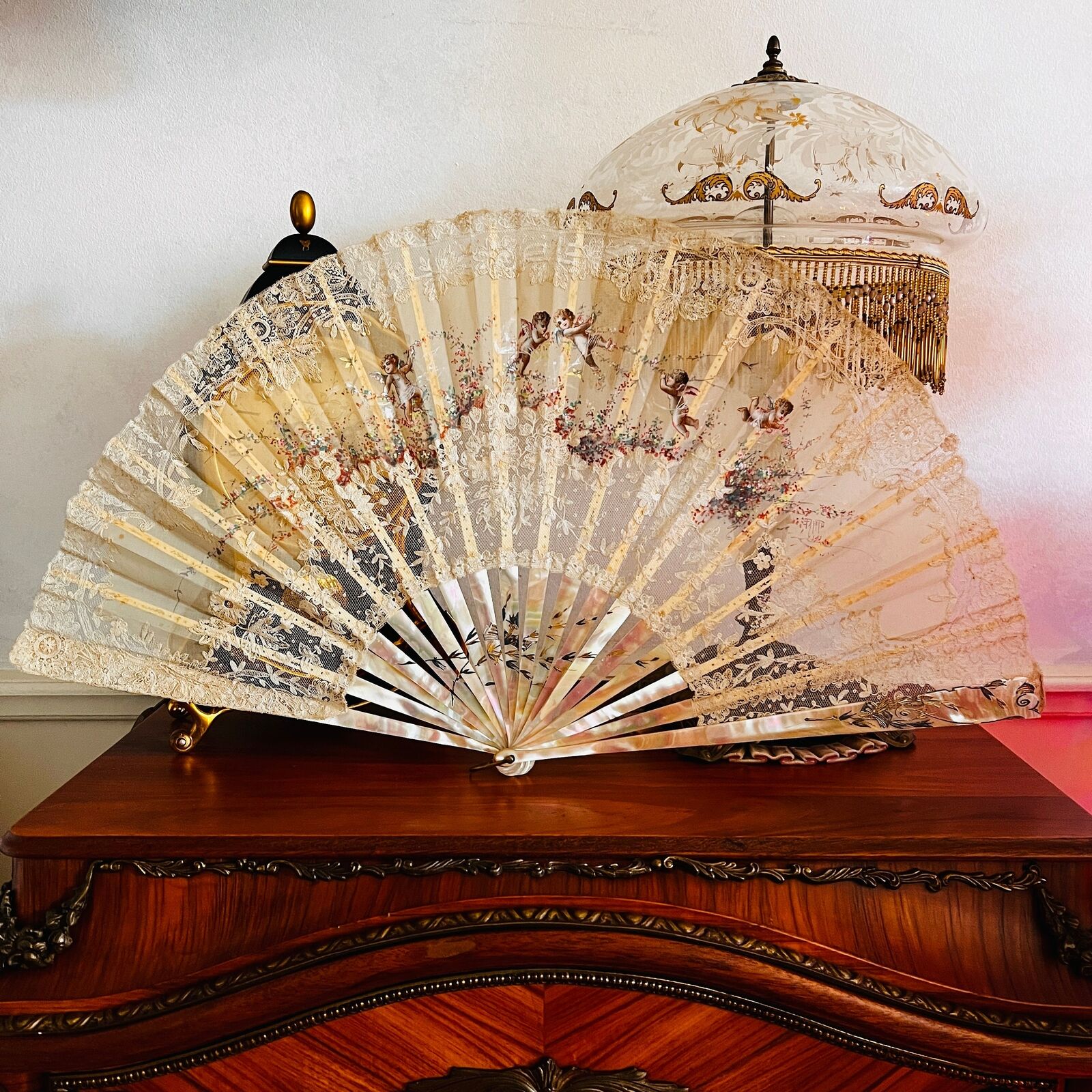 Exquisite antique hand-painted fan with cherubs, 19th Century, by Faucon Paris 