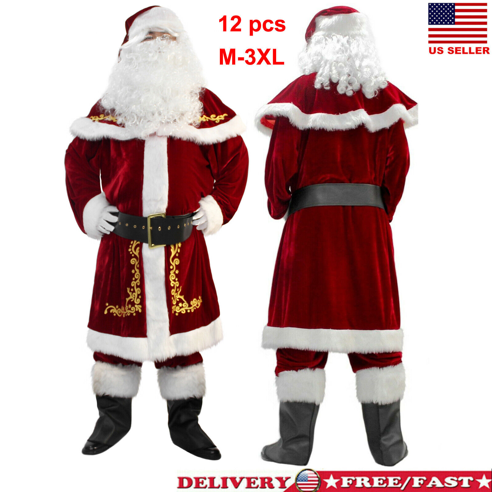 Men's Deluxe Santa Suit 12PC. Christmas Adult Santa Claus Costume