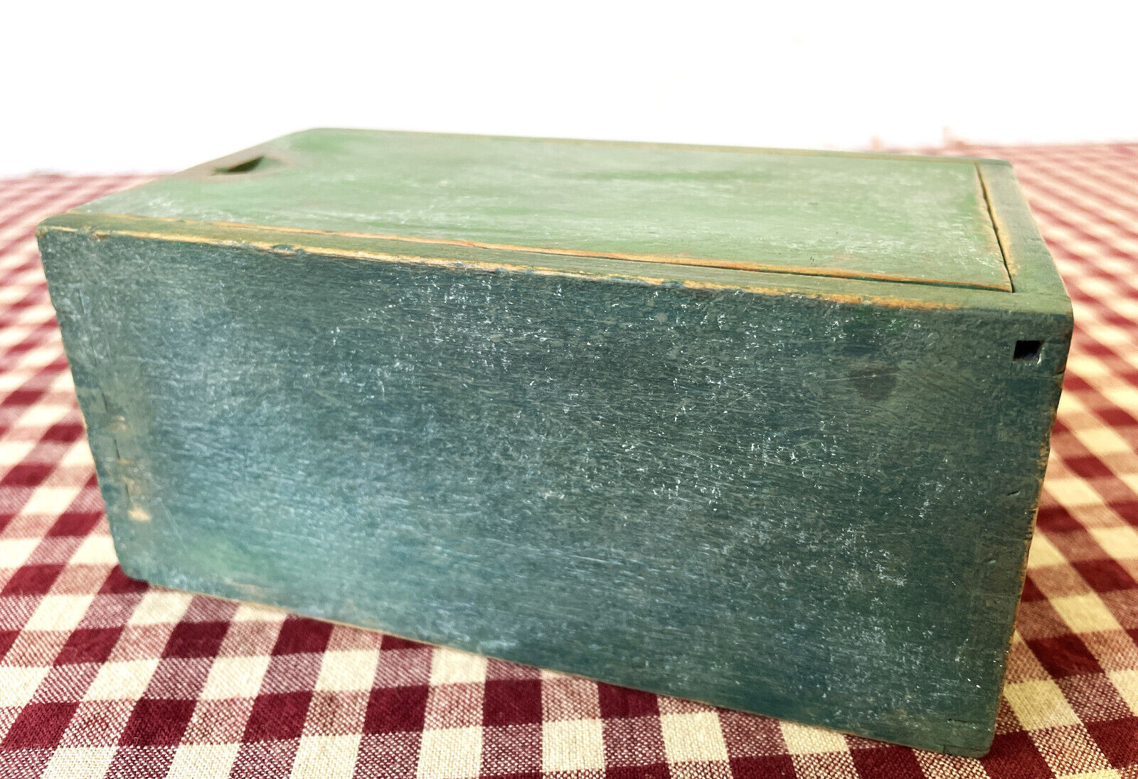 Antique Small Pine Wood Box, Sliding Lid, Green Paint, 5.5\