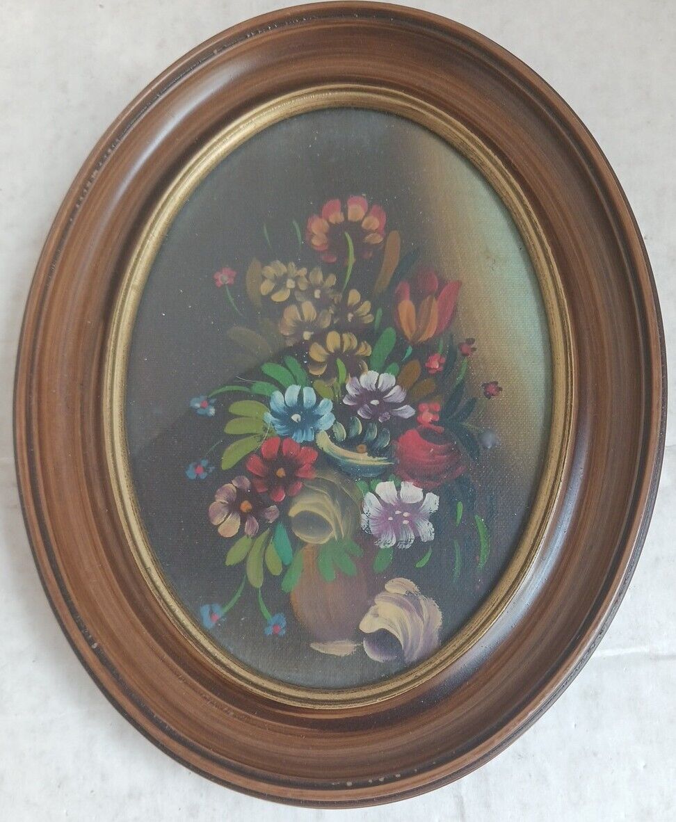 Vtg Italy Oil Painting Flowers Still Print In Oval  Frame Hanging Wall Decor