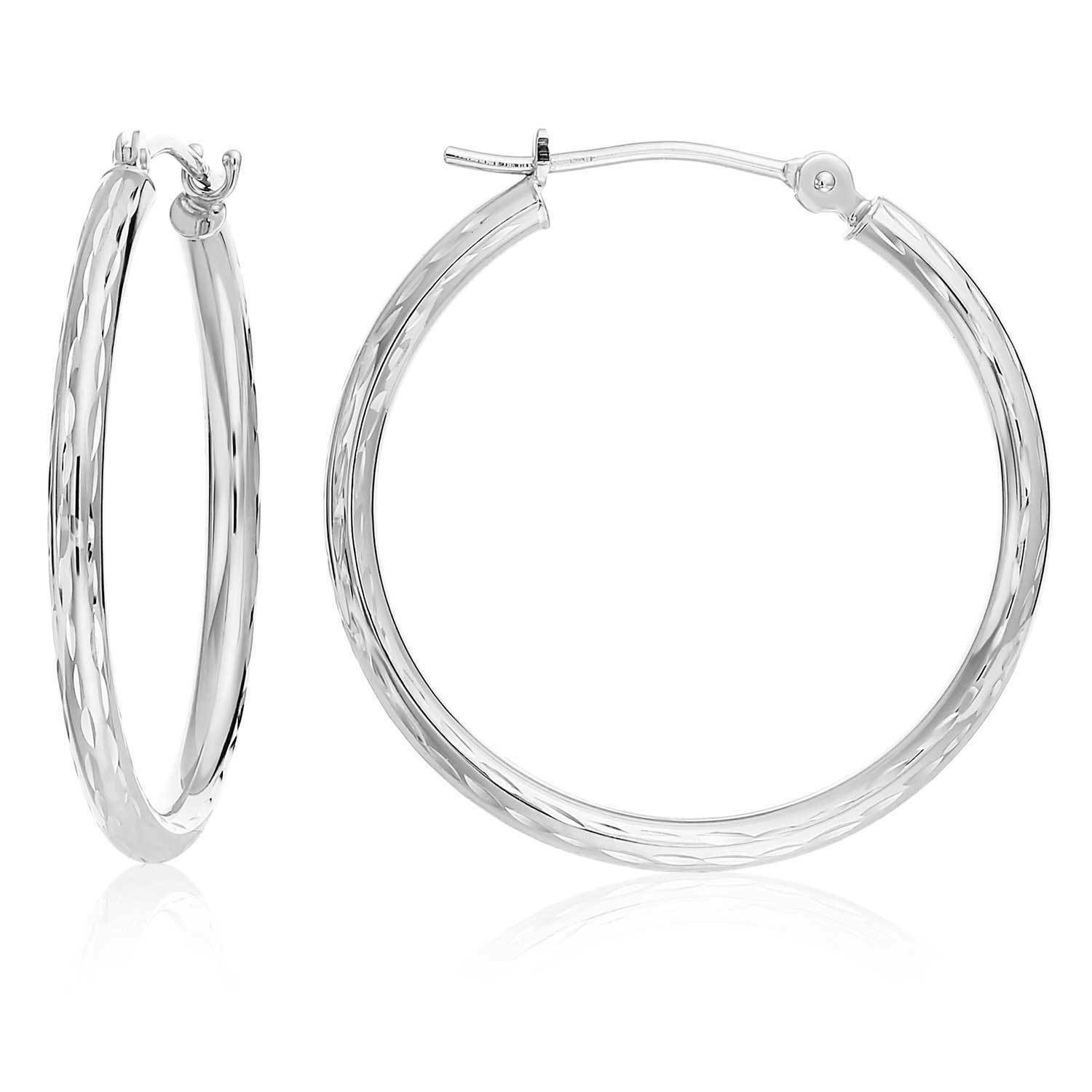 14K Real Solid White Gold Full Diamond-Cut Round Creole Hoop Earrings All Sizes