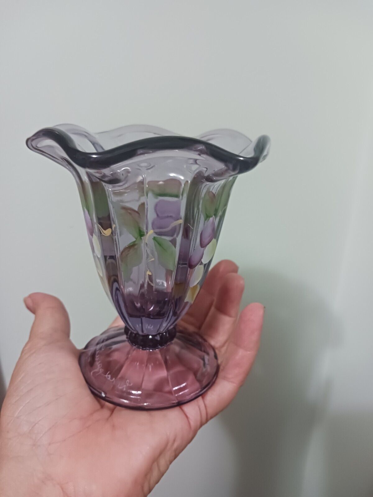 Fenton Glass - Grape Arber On Violet  - Footed Vase - L. Everson Hand Painted