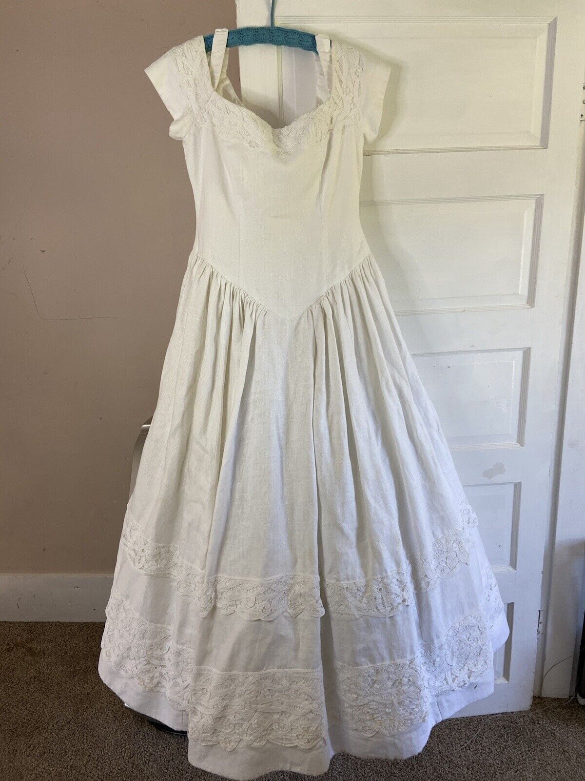Vintage Nancy Issler Wedding Dress Linen? Tulle Off Shoulder 8?