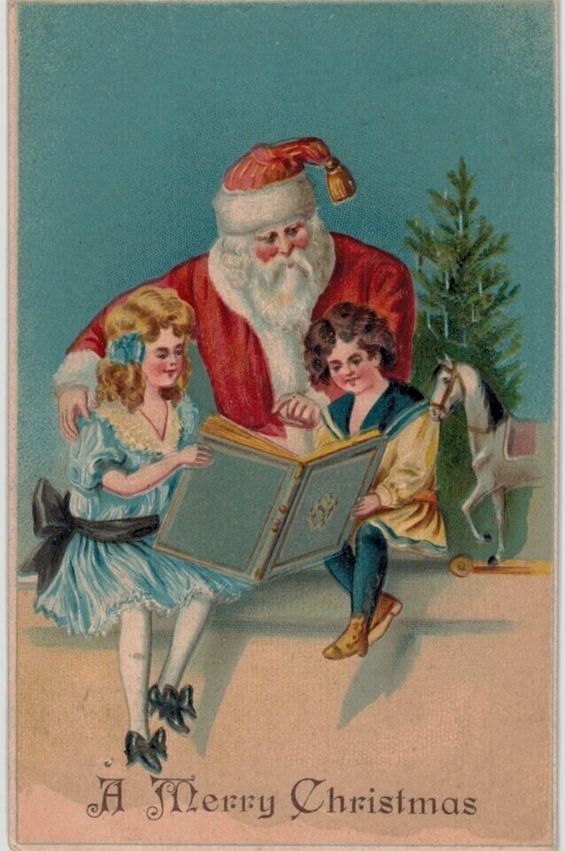 Santa Claus with Children Reading Book~Antique ~Embossed~Christmas Postcard~h824