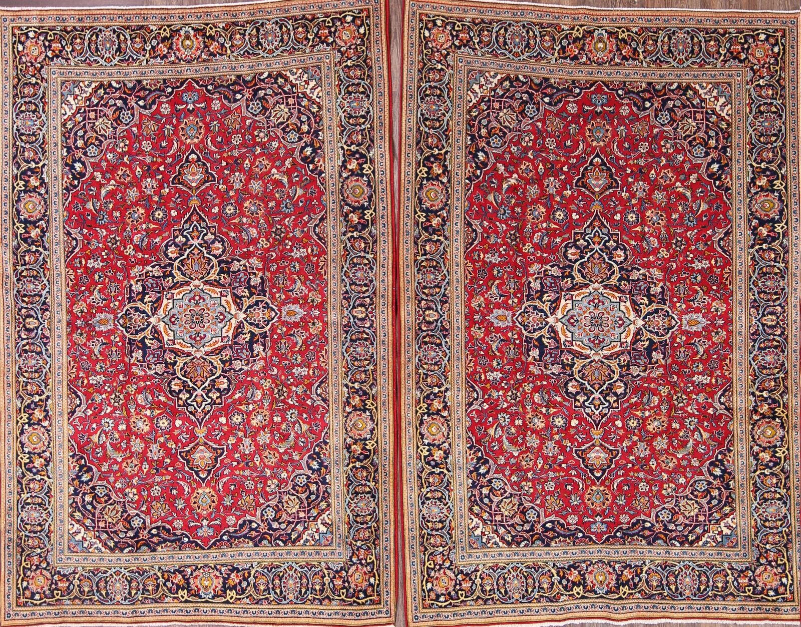 Pair of 2 Floral Red Kashaan Semi-Antique Handmade Traditional Wool Area Rug 5x7